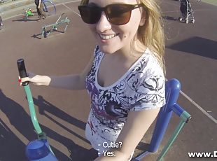 sporty teen with natural tits gives blowjob and drilled in pov