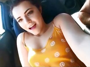 GF in yellow mini dress is flashing pussy and boobs in store
