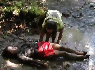 Lustful lesbian duo gets wet clothed in the river