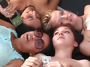 Four chicks are going to participate in a group sex for money