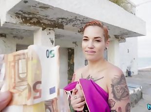 Tattooed nymph Silvia Rubi takes my Euros for sex on the street