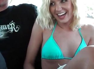 Blonde cutie strips and sucking horny cock for money