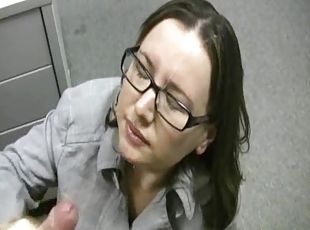 Brunette office girl in glasses gives hot POV blowjob