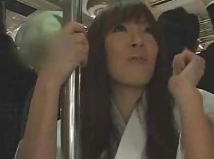 Japanese girl takes cumshots on the bus
