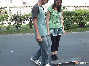 He teaches a teen to skateboard and pleasure his cock