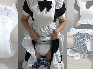 Crossdresser Wearing a Maid Dress and a Thick Diaper and Jerking off 01 ??? ??? ?? ?? ???