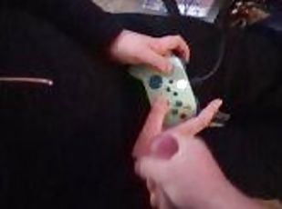 Jerk off while she plays Fortnite, cum on her hands while she keeps playing