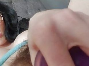 Milf with hairy pussy creams on dildo