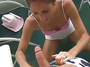 Sexy Chick Giving Her Husband Great Handjob Outdoors