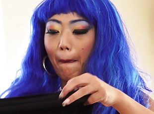Asian cutie in a pretty blue wig enjoys a POV fuck