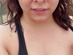 Latina wife flashing her big tits on public trail