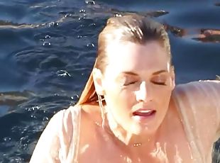 Brigitte Anne fondles her wet body on the poolside