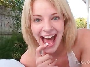 Outdoor hot tugjob in POV with cute teen blonde