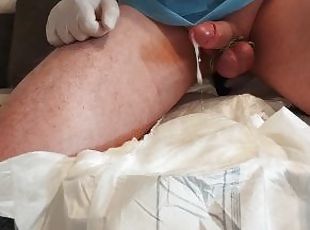 Prostate massage after urinary catheterization, cum on diaper, double orgasm, double cumshot