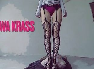 I'm standing on his head in fishnet tights, it's very sexy, don't you agree?