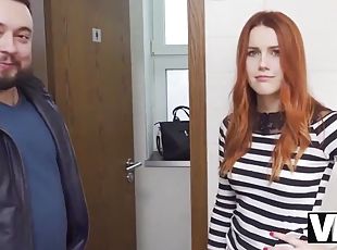VIP4K. Hunter fucks a gorgeous redhead in a public toilet