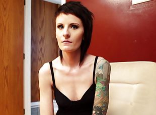 POV video of a skinny girl with tattoos getting drilled doggystyle