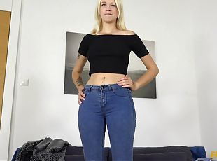 Blonde with tattooes strips and gets on her knees to be fucked