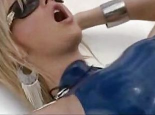 Tarra White in blue latex fucked outdoors