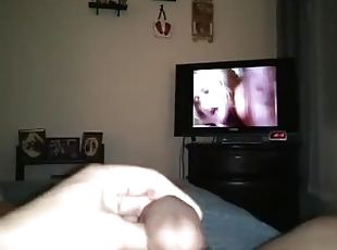 MochaCoca watching porn cums on his stomach and eats it