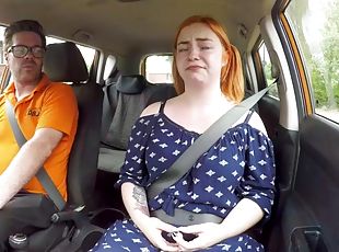 Chubby redhead publicly fucked in car by driving instructor
