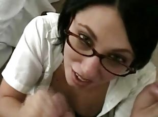 Amateur in nerdy glasses gives handjob