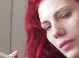 Redhead slut Karla Rose blows, licks ass and is getting fucked from behind while smoking