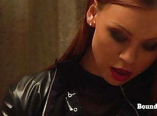 Lesbian Madame In Leather Bangs Two Slaves With Strapon
