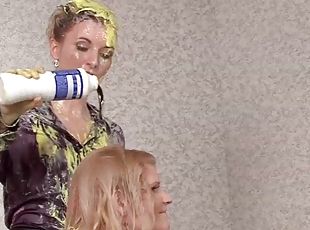 Clothed hot lesbos get messy at their WAM party