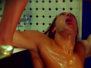Blonde slut gets fucked in the bathroom after sucking dick and takes facial cumshot