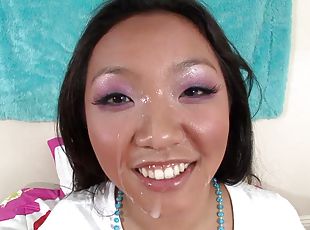 Slutty Asian Katreena Lee milks a cock dry on her face