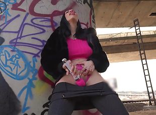 Brunette MILF gagged and fucked in public POV by a random hunk