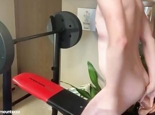Blonde boy stretches his hole during workout