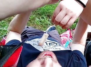 Outdoor femdom play - slave must eats used tampon