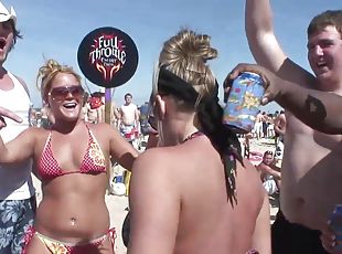 Charming babes in bikini casting their sexy tits partying wildly at the beach in reality shoot