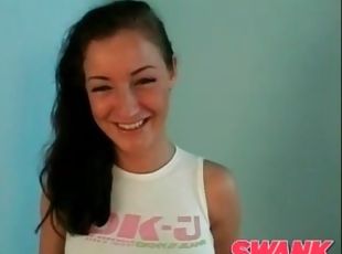 Teen in skintight tee does a sexy striptease
