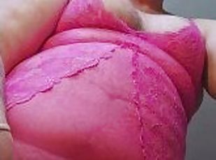 Chub jerks off and cums in pink lingerie