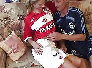 Daddy fuck blond sock teenie on couch