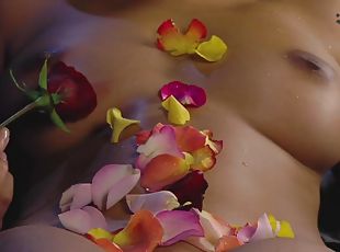 Erotic solo with roses - beautiful glam brunette with perky tits