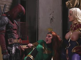 Dude in a Deadpool costume slides his dick in Kenzie Tayor and Lacy