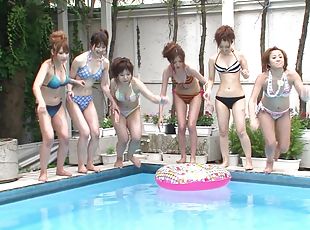 asien, im-freien, babe, japanier, gruppensex, fingerspiele, schwimmbad, bikini, glied