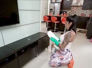 Filming sexy maid clean the kitchen