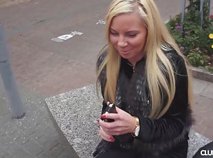 European blonde gets talked into pounding in doggy style