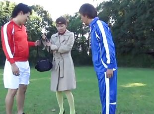 A sporty Japanese babe gets fucked by two athletes outdoors