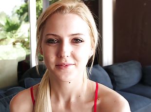Skinny blonde babe gets facial cumshot after masturbating and giving blowjob in POV
