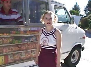 Captivating pigtails blonde with hot ass in uniform moaning while riding huge dick hardcore