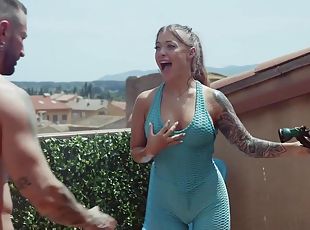 Misha Maver gets wet - Full Service Trainer - outdoor workout wityh busty babe with pierced nipples