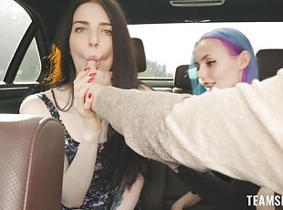 Kinky babes Sia Siberia and Reislin get fucked in the back of the car