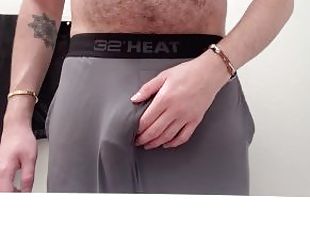 freeballing leads to jerking off my big hairy thick cock through the fly of my grey sweatpants