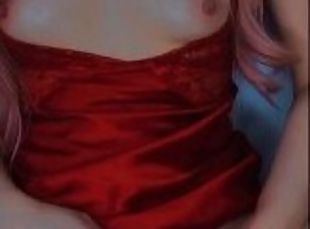 Masterbating in silk red lingerie ????